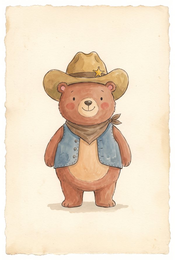 A brown bear in a blue waistcoat, neckerchief and wide-brimmed hat