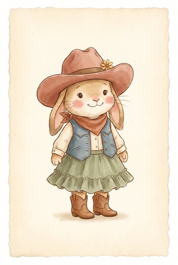 A bunny in a green skirt, waistcoat and pink hat with tooled boots