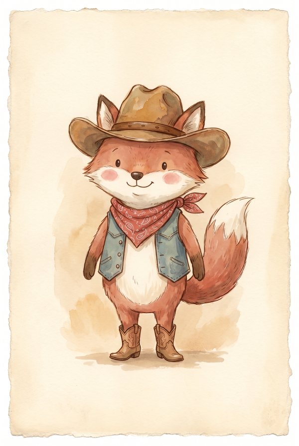 A fox in a red bandana and cowboy hat standing against a sandy wash