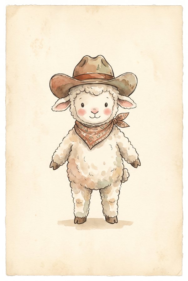 A woolly lamb in a neckerchief and a wide brown ten-gallon hat
