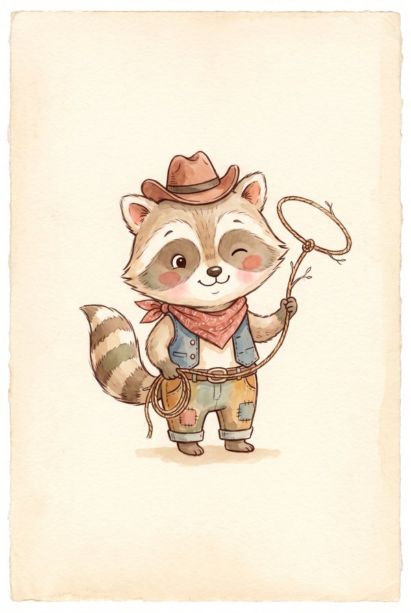A raccoon in a hat and chaps swinging a rope lasso above its head