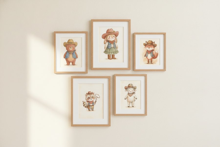 The five free western prints framed as an asymmetric gallery wall