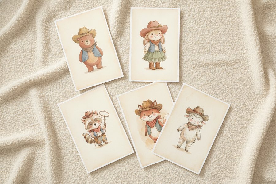 The five free western prints laid out unframed on a cream blanket