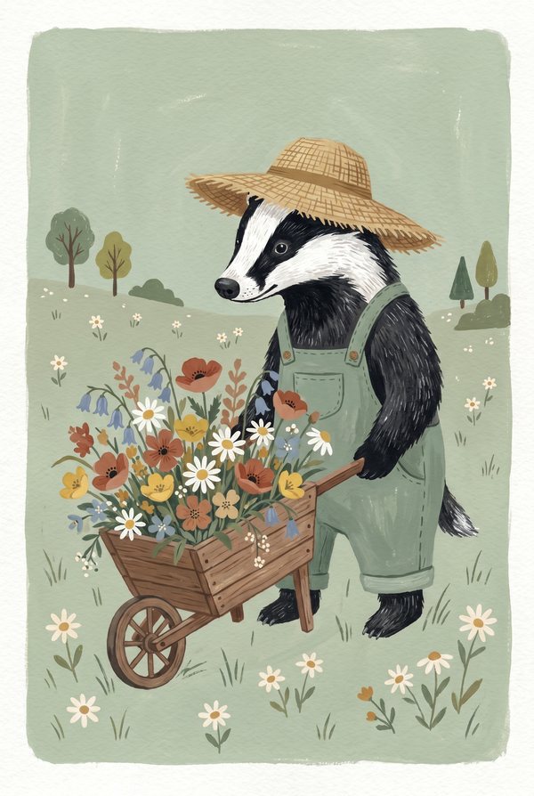 A badger in a straw hat and dungarees pushing a barrow full of wildflowers