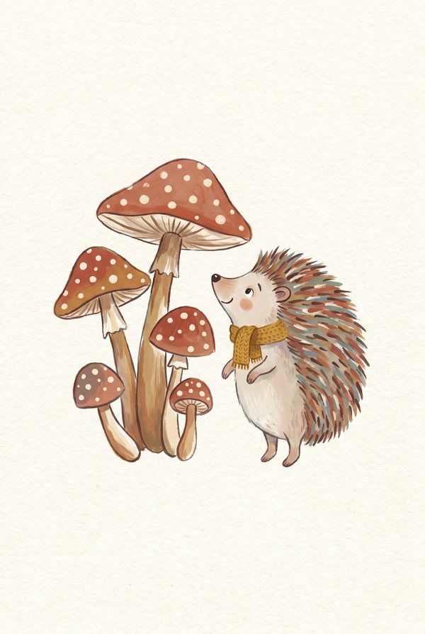 A small hedgehog in a scarf beside a cluster of red spotted toadstools