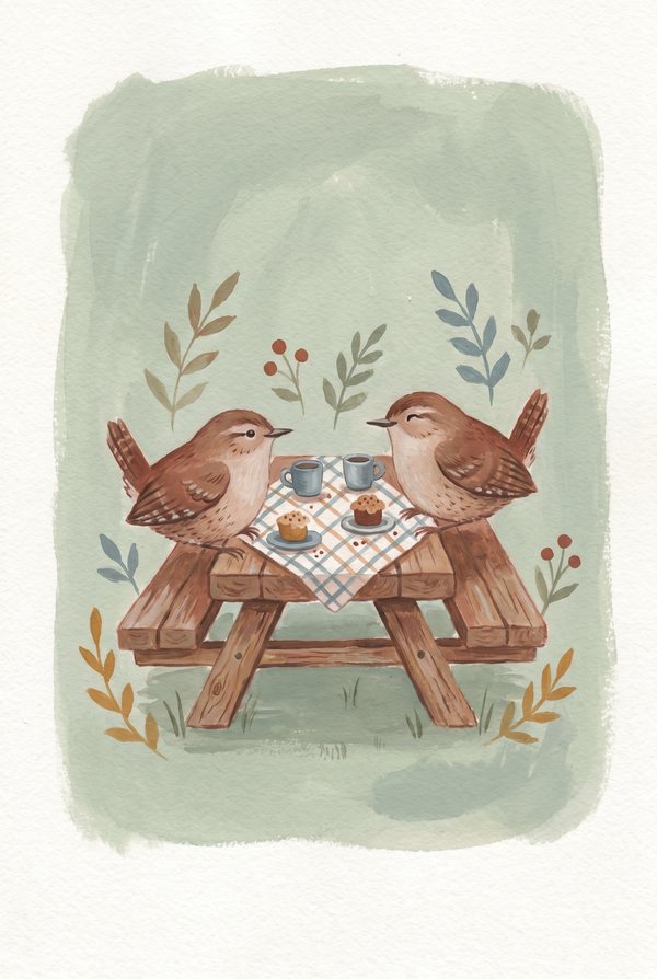 Two wrens sharing tea and cakes at a small wooden picnic table