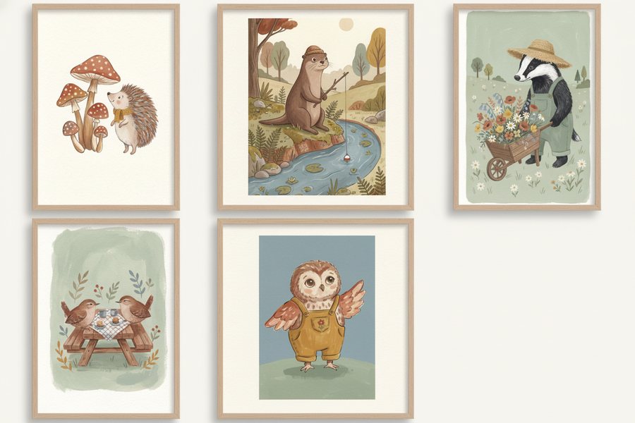 The five free woodland friends prints framed in a grid on a white wall