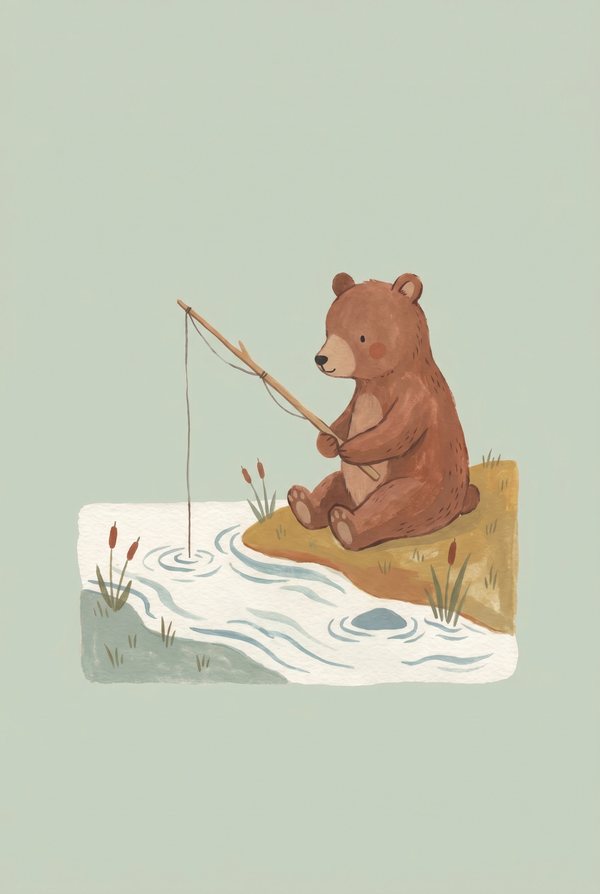 A brown bear sitting on a riverbank fishing with a rod on a pale sage background