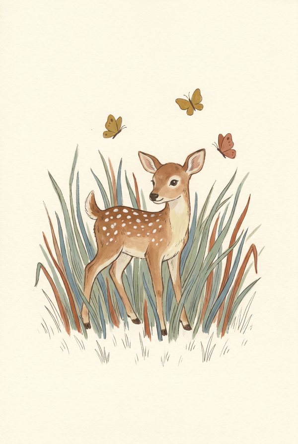 A spotted fawn standing in tall grass with butterflies overhead