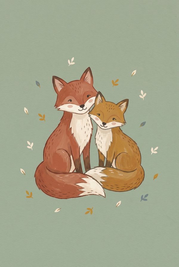 Two red foxes curled together among falling leaves on a sage green background