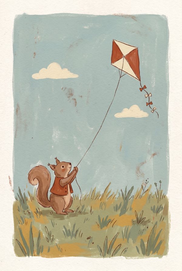 A small squirrel flying a red kite in a meadow under a pale blue sky