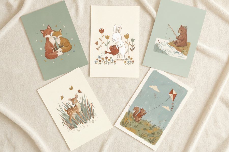 The five free prints laid out unframed on a cream blanket