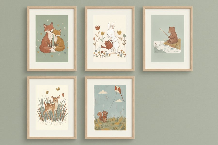 The five free prints framed on a soft sage green wall